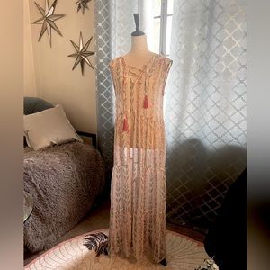 Maxi beach coverup. Sheer and so pretty with flowers and leaves accents.